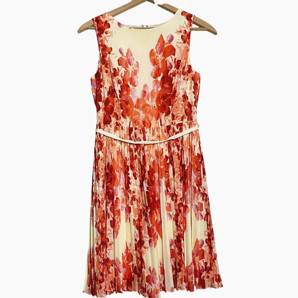Adrianna Papell Pleated Floral Empire Waist Dress Orange Cream Wedding Sz‎ 8